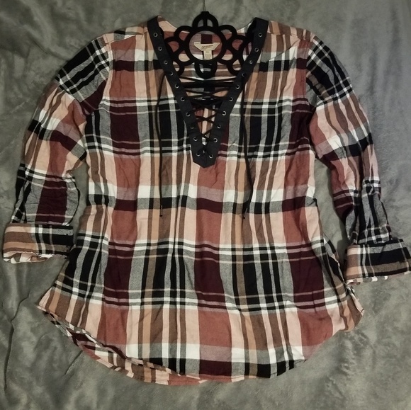Tops - Pink &Gray Lace up Flannel Top